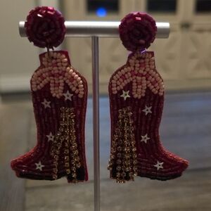 Beaded Cowboy Boot Earrings - Pink and Gold